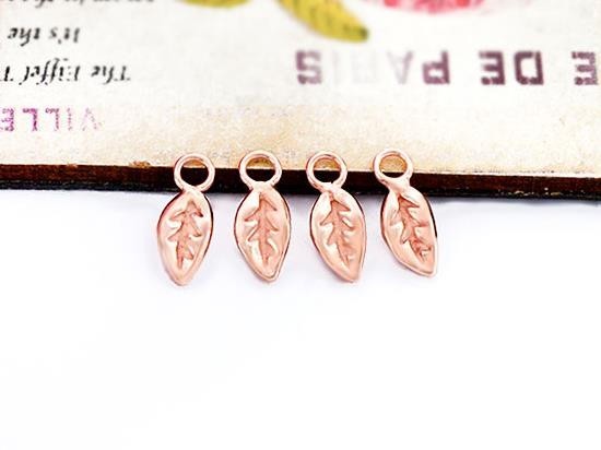 4 of 925 Sterling Silver Rose Gold Vermeil Style Leaf Charms 4x7 mm. , small leaf charms.