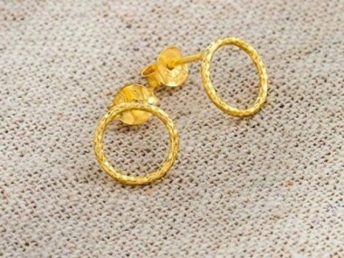 925 Sterling Silver Gold Vermeil Style Diamond Cut Circle Hoop Stud Post Earrings 9 mm.