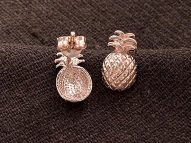 925 Sterling Silver Rose Gold Vermeil Style Pineapple Stud Earrings 7x12 mm.