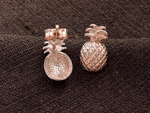 1 Pair of 925 Sterling Silver Rose Gold Vermeil Style Pineapple Stud Earrings 7x12 mm.