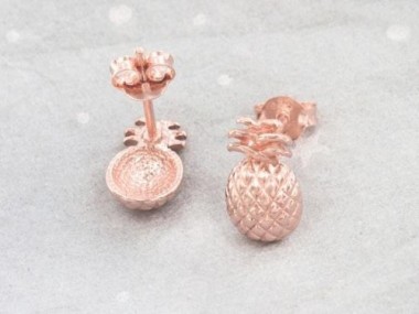 925 Sterling Silver Rose Gold Vermeil Style Pineapple Stud Earrings 7x12 mm.