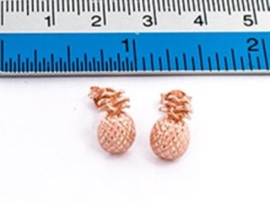 925 Sterling Silver Rose Gold Vermeil Style Pineapple Stud Earrings 7x12 mm.