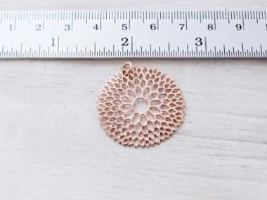 925 Sterling Silver Rose Gold Vermeil Style Filigree Flower Pendant 30mm.