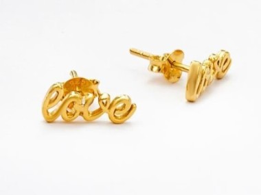 925 Sterling Silver 24K Gold Vermeil Style Love Stud Earrings 5x12mm.