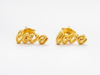 925 Sterling Silver 24K Gold Vermeil Style Love Stud Earrings 5x12mm.