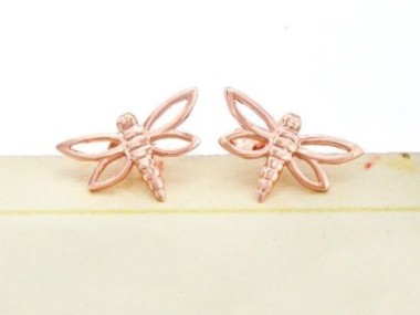 1 Pair of 925 Sterling Silver Rose Gold Vermeil Style Dragonfly Stud Earrings 9x15mm.