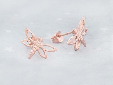 925 Sterling Silver Rose Gold Vermeil Style Dragonfly Stud Earrings 9x15mm.