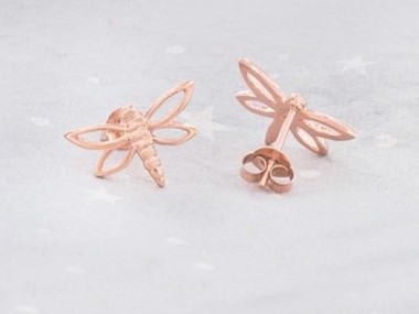 925 Sterling Silver Rose Gold Vermeil Style Dragonfly Stud Earrings 9x15mm.