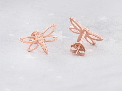 1 Pair of 925 Sterling Silver Rose Gold Vermeil Style Dragonfly Stud Earrings 9x15mm.