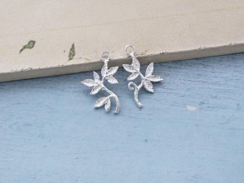 2 of 925 Sterling Silver Leaf Branch Charms 12x14mm. Matte Finished.