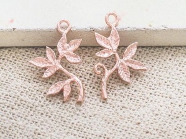 925 Sterling Silver Rose Gold Vermeil Style Leaf Branch Charms 12x14mm.