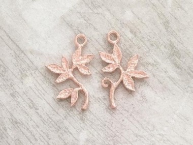 925 Sterling Silver Rose Gold Vermeil Style Leaf Branch Charms 12x14mm.