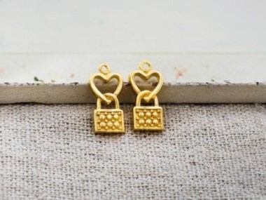 925 Sterling Silver 24k Gold Vermeil Style Heart Lock Charms 6.5x11.8mm.