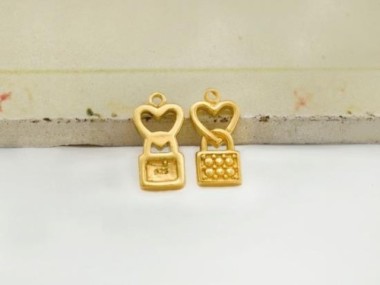 925 Sterling Silver 24k Gold Vermeil Style Heart Lock Charms 6.5x11.8mm.