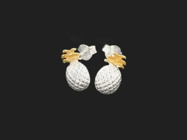 925 Sterling Silver Two Tone Gold & Silver Pineapple Stud Earrings 7x12 mm.