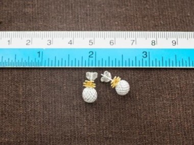 925 Sterling Silver Two Tone Gold & Silver Pineapple Stud Earrings 7x12 mm.