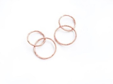 925 Sterling Silver Rose Gold Vermeil Style Hammered Double Circle Rings Charms, Links 12 mm.