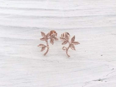 925 Sterling Silver Rose Gold Vermeil Style Leaf Branch Stud Earrings 12x13.5mm.