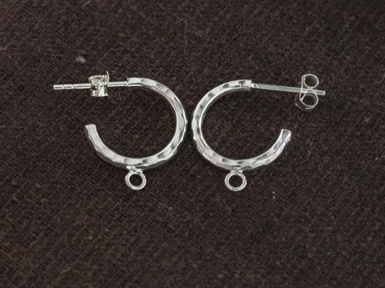 1 pair of 925 Sterling Silver Hammered Hoop Stud Earrings Post Findings 2x15mm. with Opened Loop.