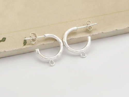 1 pair of 925 Sterling Silver Hammered Hoop Stud Earrings Post Findings 2x15mm. with Opened Loop.