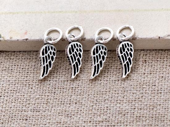 4 of 925 Sterling Silver Angel Wing Charms 4.5x9mm. , Tiny Charms, Oxidized Finish.