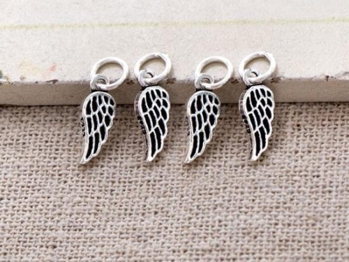 4 of 925 Sterling Silver Angel Wing Charms 4.5x9mm. , Tiny Charms, Oxidized Finish.