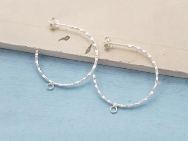 925 Sterling Silver Hammered Hoop Stud Earrings Post Findings 28x1.2mm.