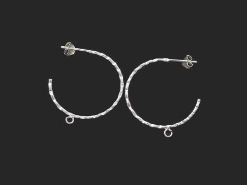 1 pair of 925 Sterling Silver Hammered Hoop Stud Earrings Post Findings 28x1.2mm. with Opened Loop.