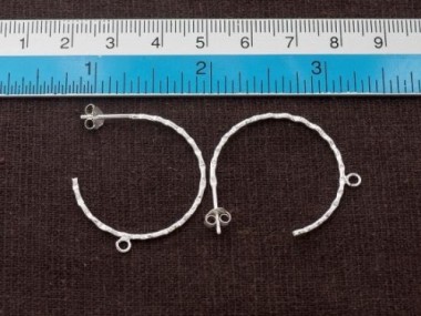 925 Sterling Silver Hammered Hoop Stud Earrings Post Findings 28x1.2mm.