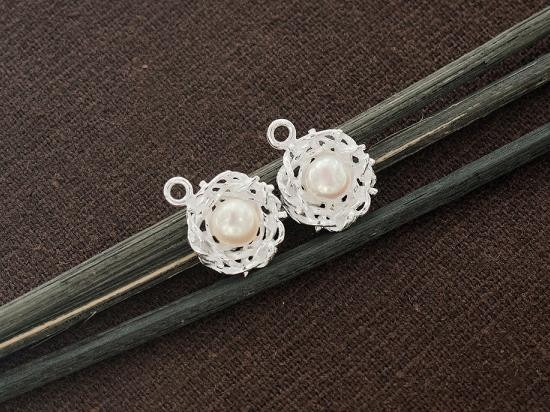 2 of 925 Sterling Silver Bird Nest Charms with Pearl 11mm.