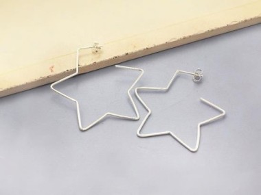 925 Sterling Silver Star Hoop Stud Earrings 40mm.