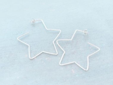 925 Sterling Silver Star Hoop Stud Earrings 40mm.