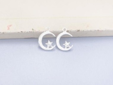 2 of 925 Sterling Silver Crescent Moon and Star Charms 8.5x9 mm. Polished finish