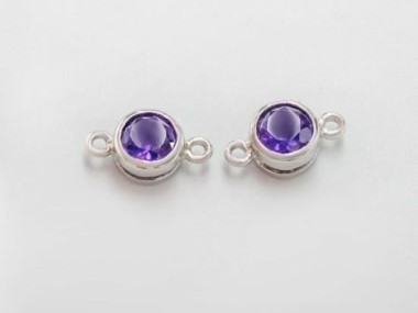 Natural Round Amethyst & Sterling Silver Bezeled Connectors, Links 6 mm.