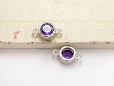 Natural Round Amethyst & Sterling Silver Bezeled Connectors, Links 6 mm.